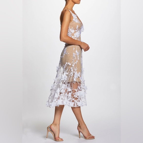 Dress The Population Audrey Midi Dress Sz Large  3D Floral Embroidered Fit Flare - Picture 6 of 17